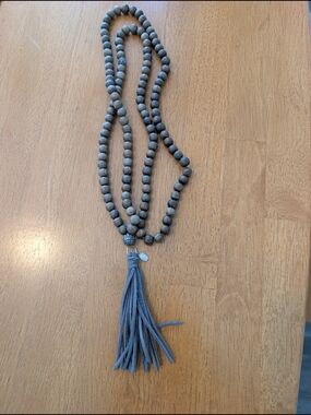 Beaded Tassel Necklace in Gray and Taupe